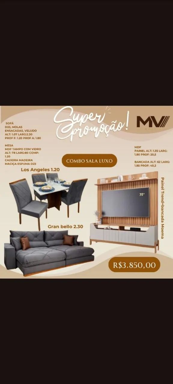 Kit Sala Luxo - Mesa de Jantar + Sofá Retrátil + Painel e Rack