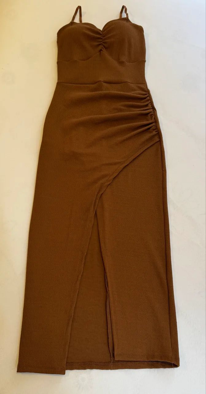 VESTIDO MIDI MARROM CAFÉ DRAPEADO  - Foto 3