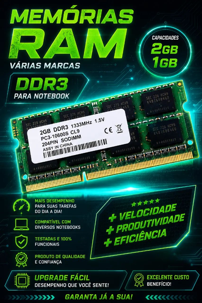 Memórias Notebook DDR3 (2GB/1GB)