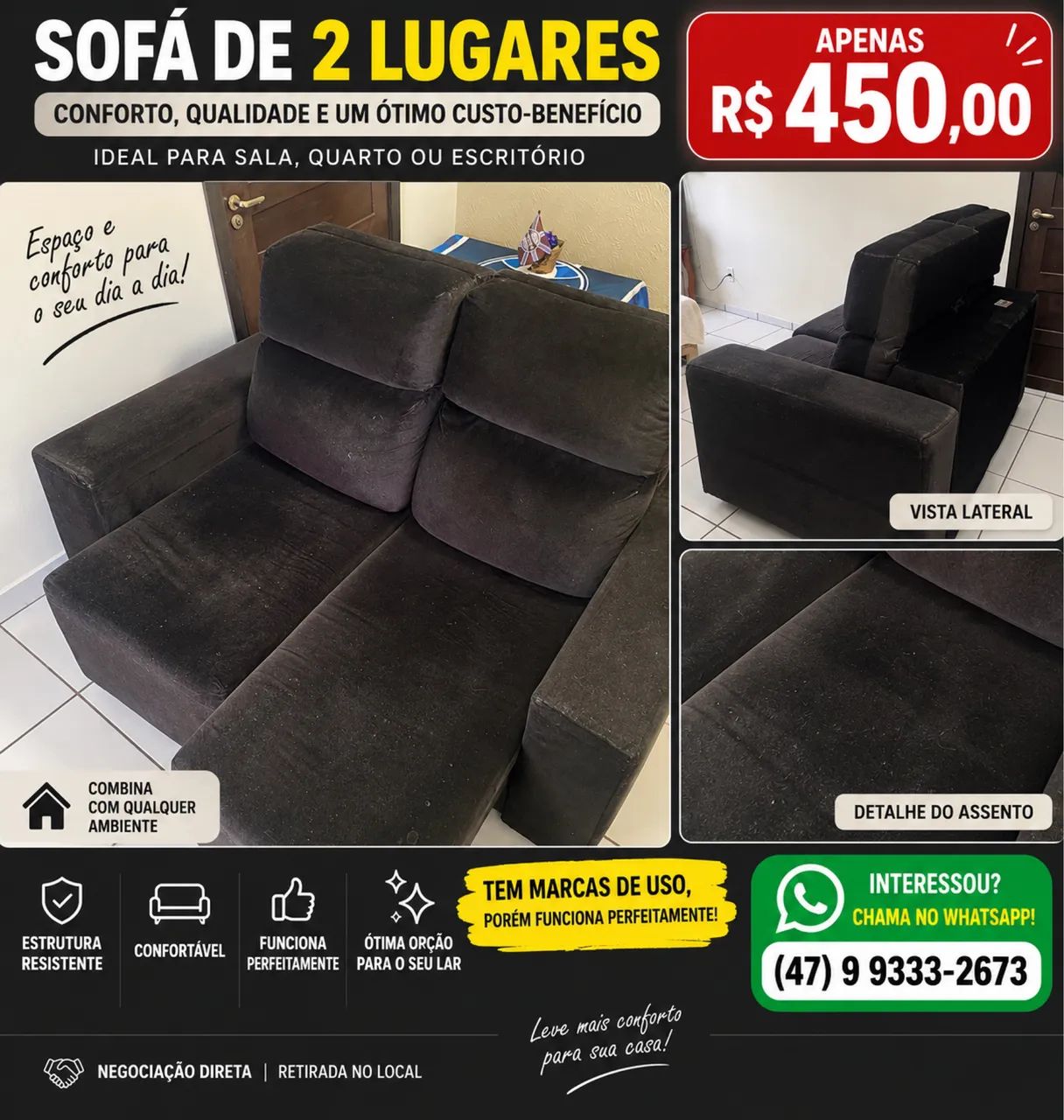 Sofá retrátil 2 lugares preto 