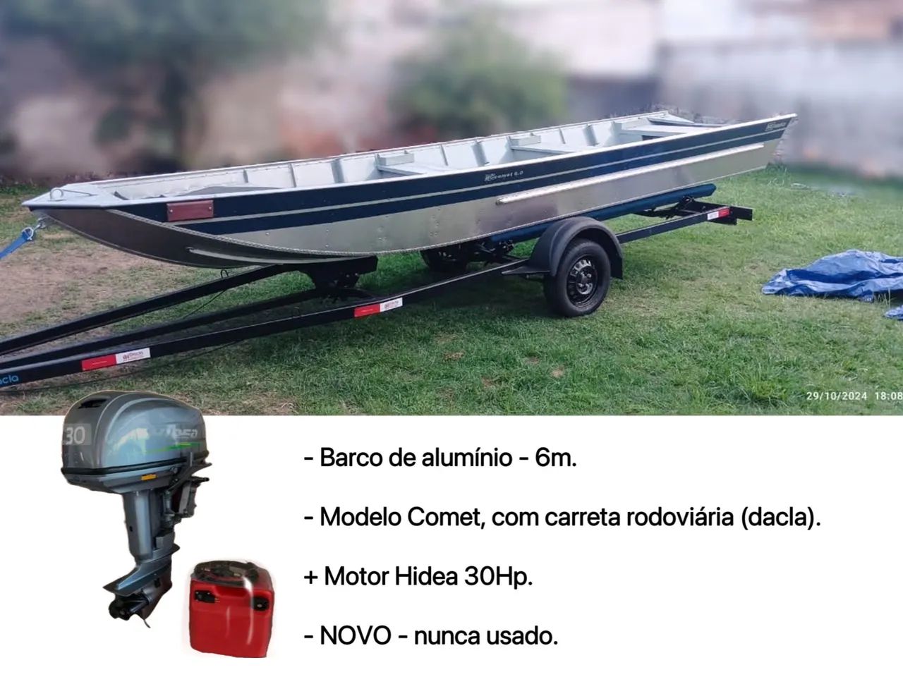 Barco de Alumínio NOVO com motor e carreta - Foto 4