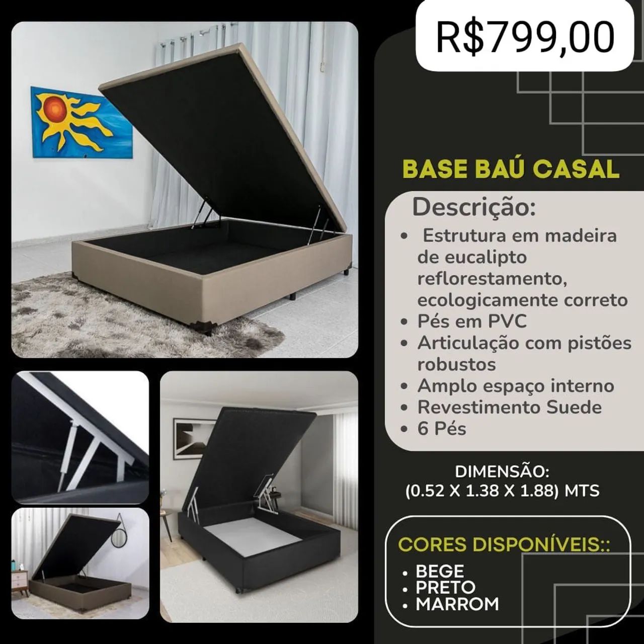Base Baú Casal com Pistões - Espaço Extra e Design Moderno