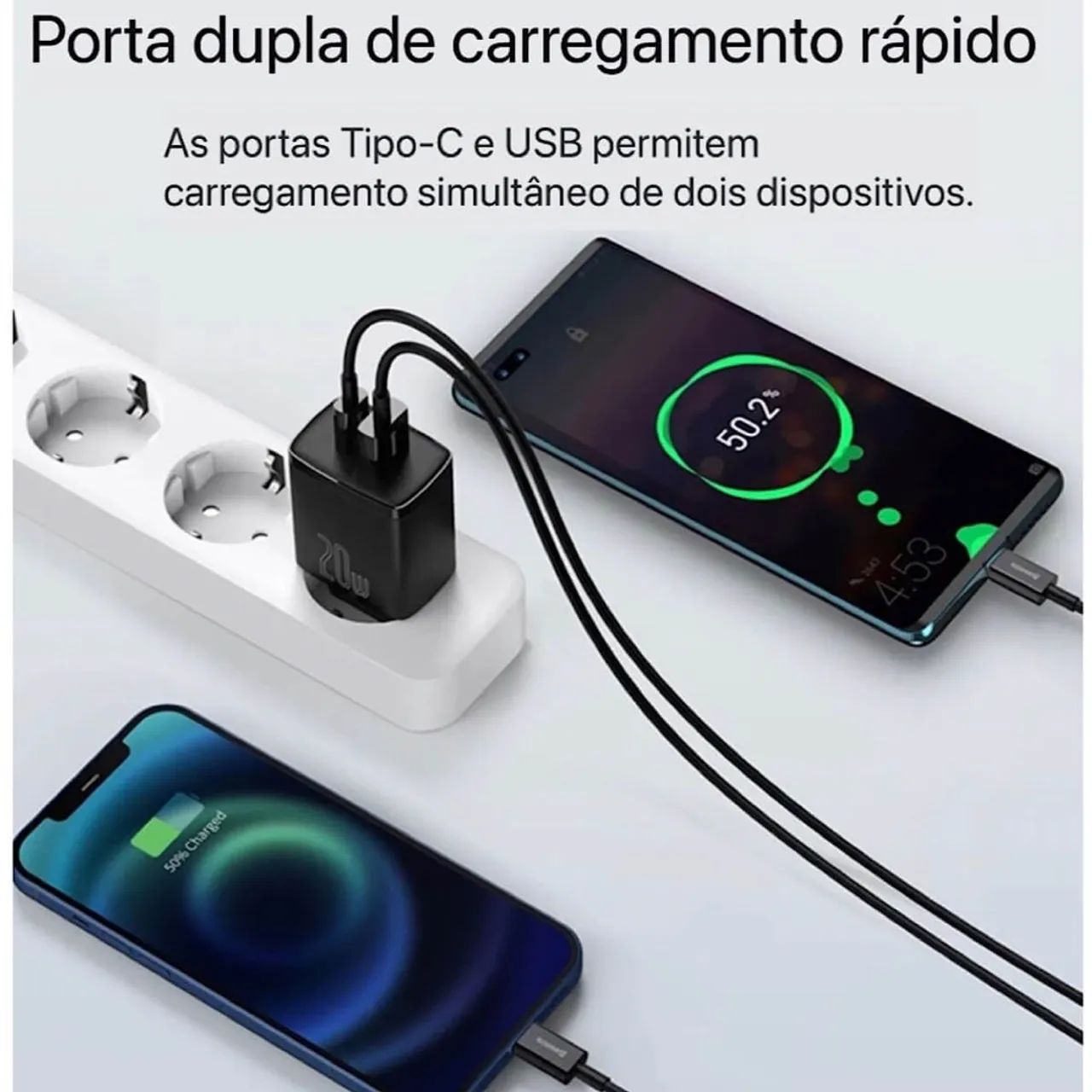 Baseus Carregador IPhone Com 2 Entradas USB Tipo C e Celular Samsung Android 20w Turbo - Foto 2