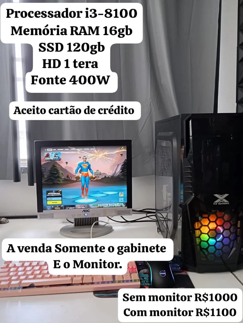 PC Gamer Completo - i3-8100, 16GB RAM, SSD 120GB + HD 1TB