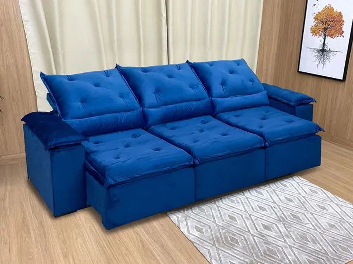 Sofá Retrátil 3 Lugares 270cm Veludo Azul Acari - Foto 2