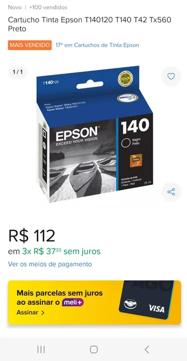 Cartucho Tinta Epson T140120 T140 T42 Tx560 Preto - Novo