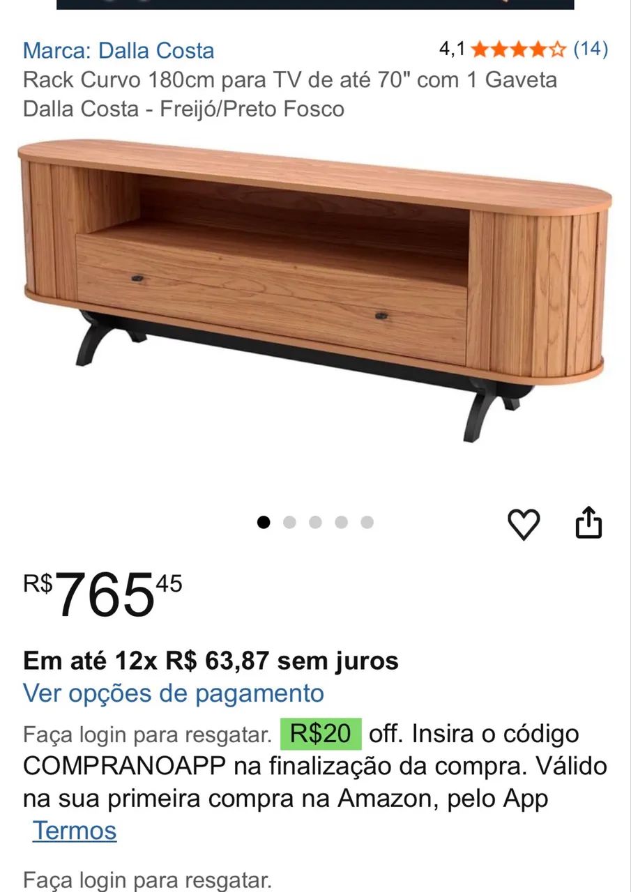 Rack Curvo 180cm para TV de até 70" com 1 Gaveta Dalla Costa - Foto 4