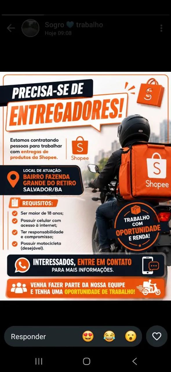 Vaga de entregador da shoppe