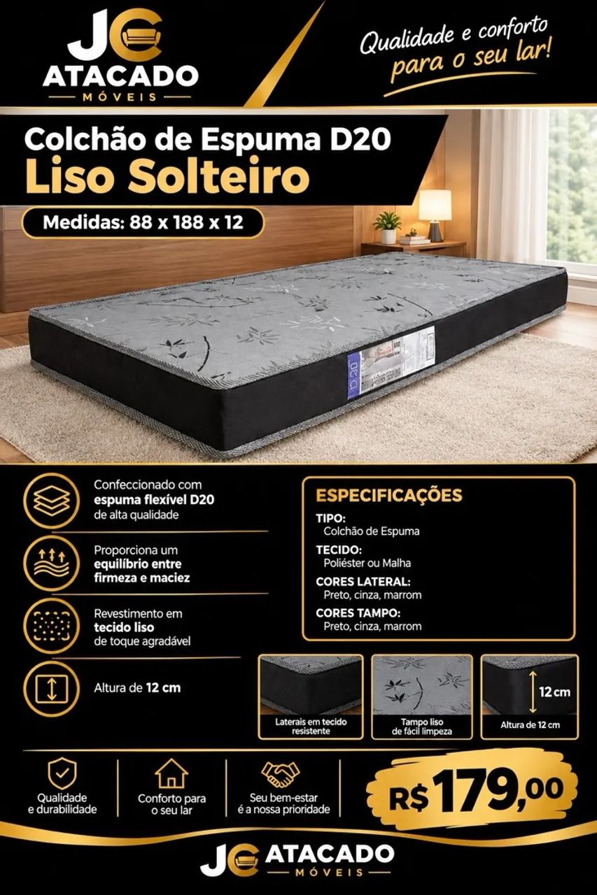 Colchão de Espuma D20 Liso Solteiro