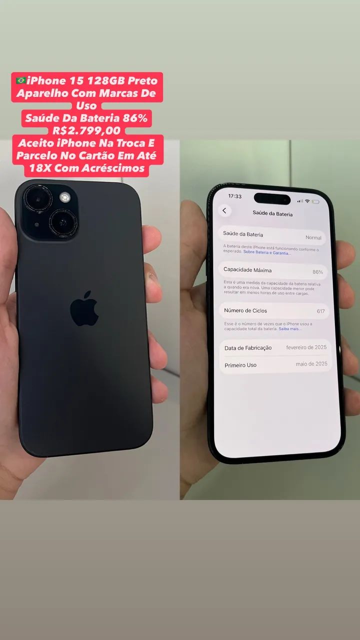 iPhone 15 128GB Preto - Aparelho Com Marcas De Uso (Usado)