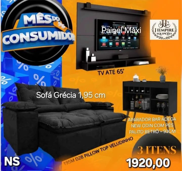 PAINEL MAXI + SOFÁ GRÉCIA + APARADOR BAR ADEGA