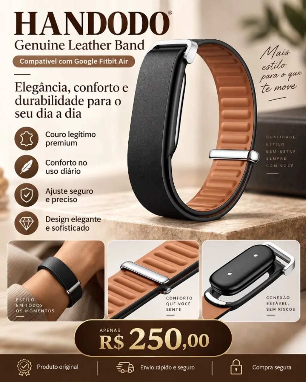 Pulseira de couro legitimo FitBit Air Google 