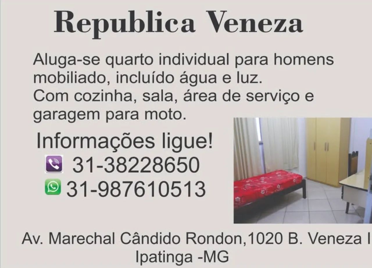 Quartos mobiliado p Homens  Ipatinga 