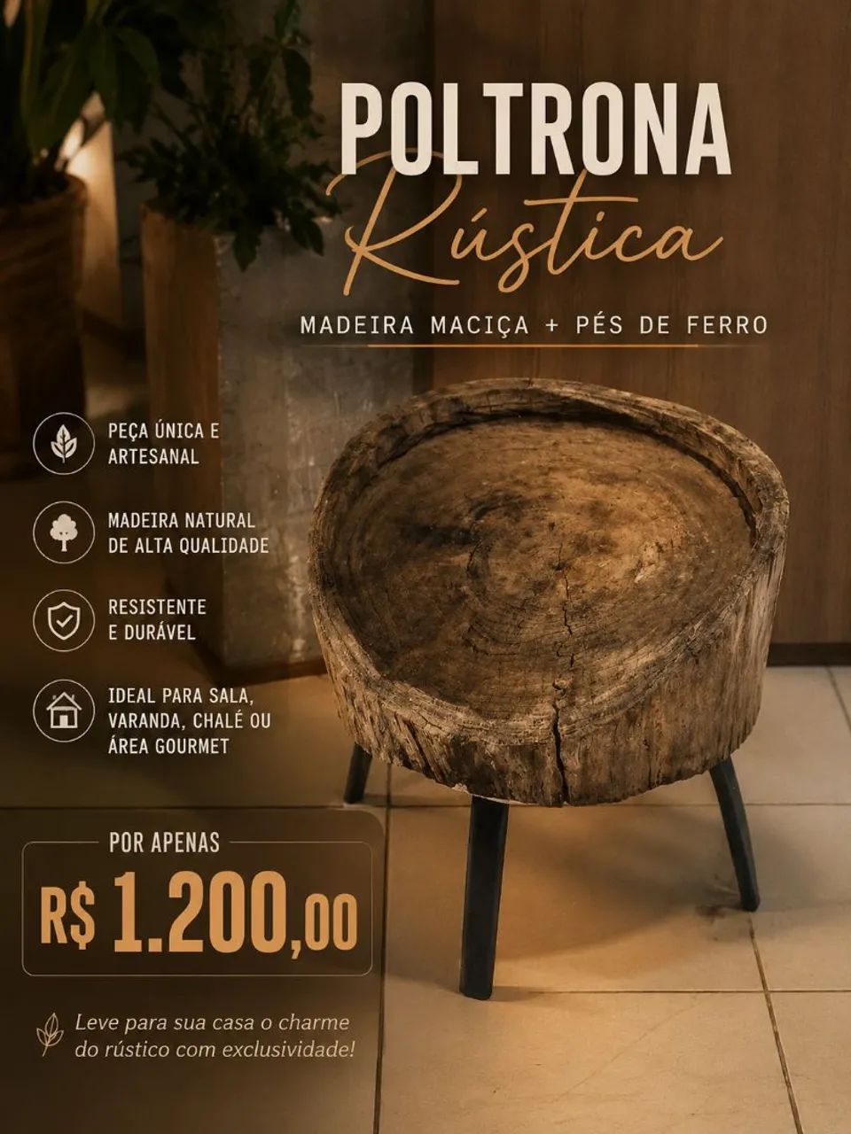 Poltrona de madeira rústica 