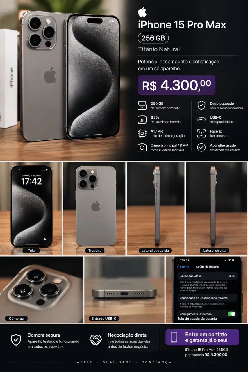 ? iPhone 15 Pro Max 256GB ? Titânio Natural