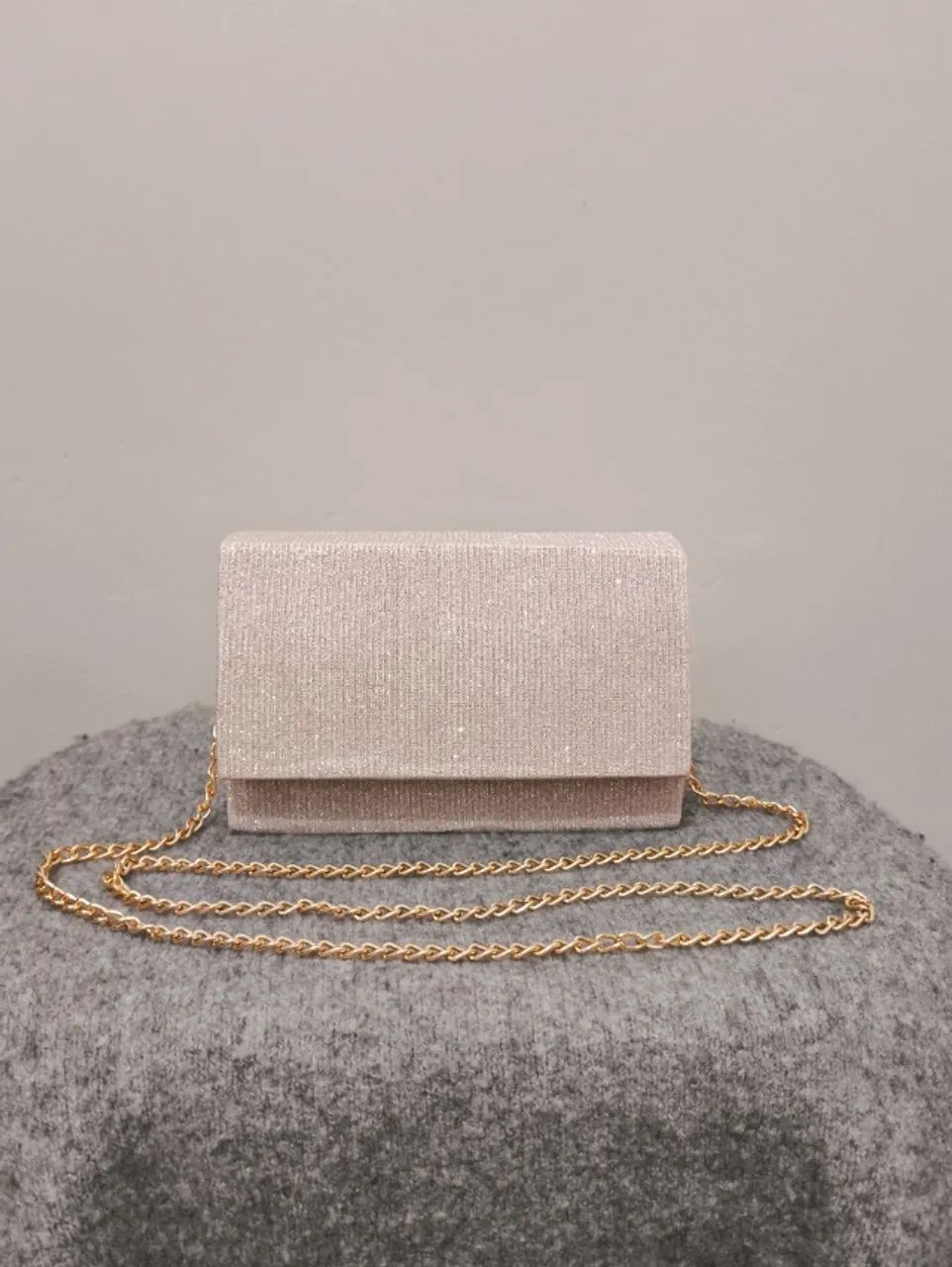 Bolsa Clutch de Festa Glitter Rosé com Alça Dourada - Foto 4