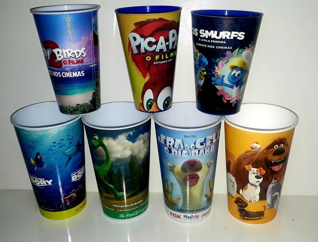 7 copos cinema Pixar, Pets, Era do Gelo, Smurfs, Pica-Pau Cinemark Playarte e Moviecom
