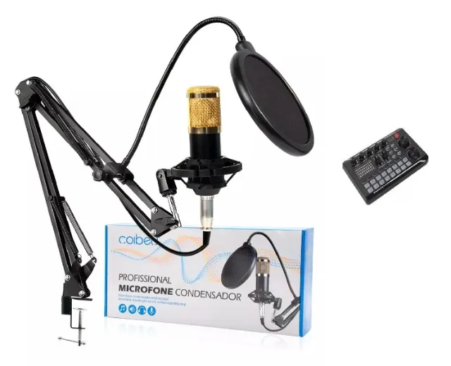 Microfone Condensador, Kit Microfone Condensador com Placa de Som e Braço Articulado e Pop