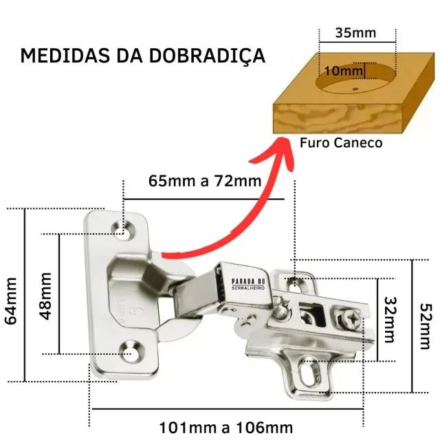 kit 4 Dobradiça Reta Inox c/ Amortecedor 35mm | Porta de Armário | Guarda Roupas