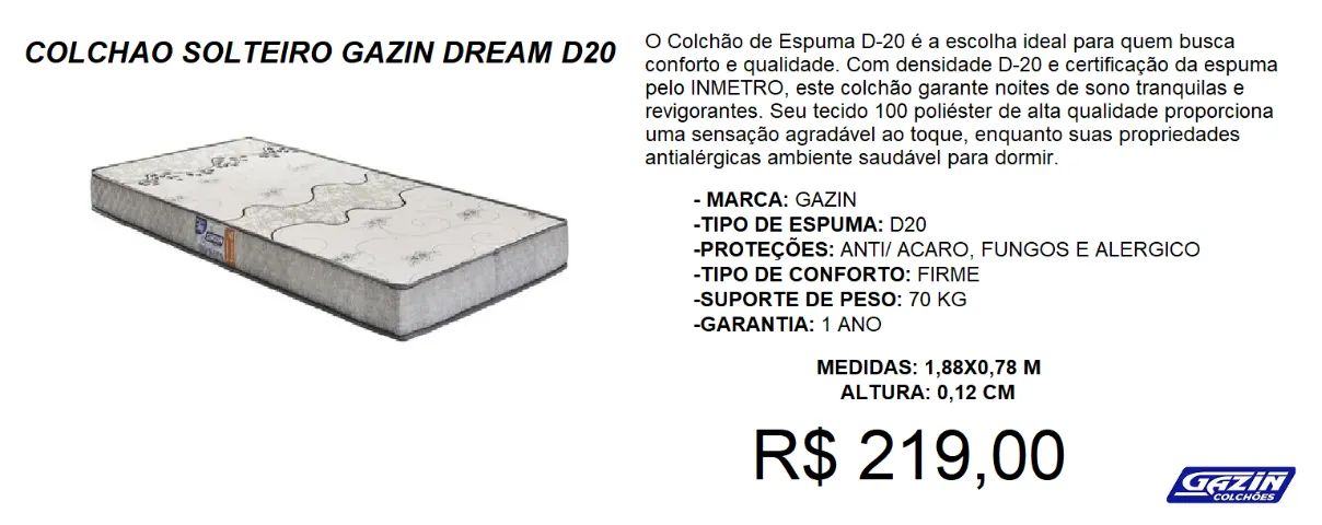 Colchão solteiro d20 - compre hoje e receba amanhã 