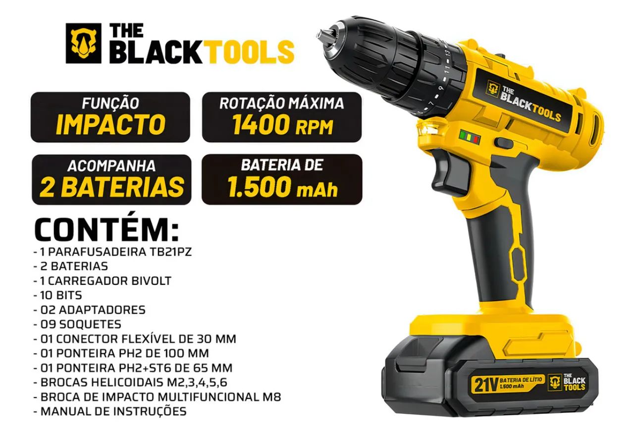 Furadeira/Parafusadeira Bivolt 21V Sem Fio - The Black Tools - Foto 2