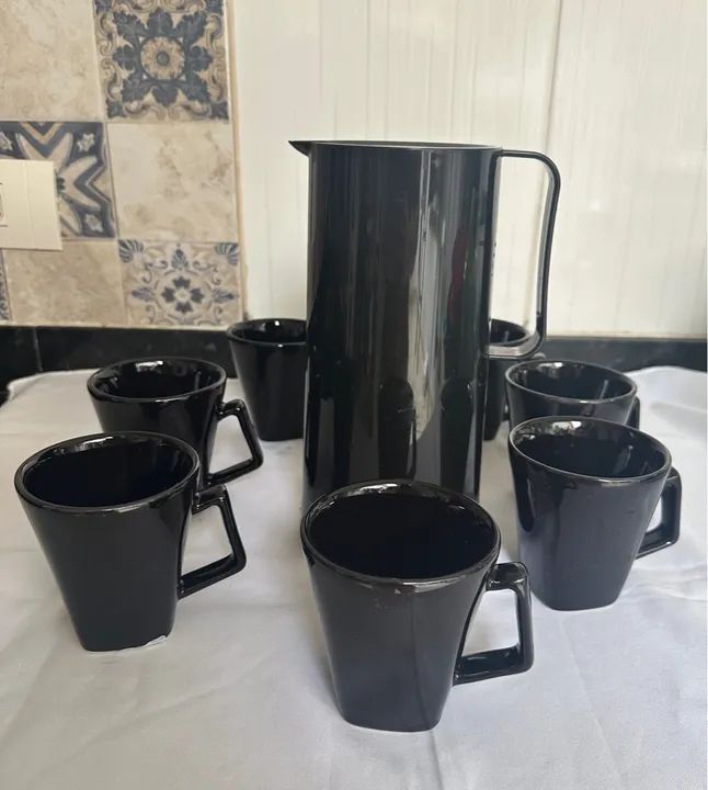 Jogo de Café em Cerâmica Preto - 7 Peças