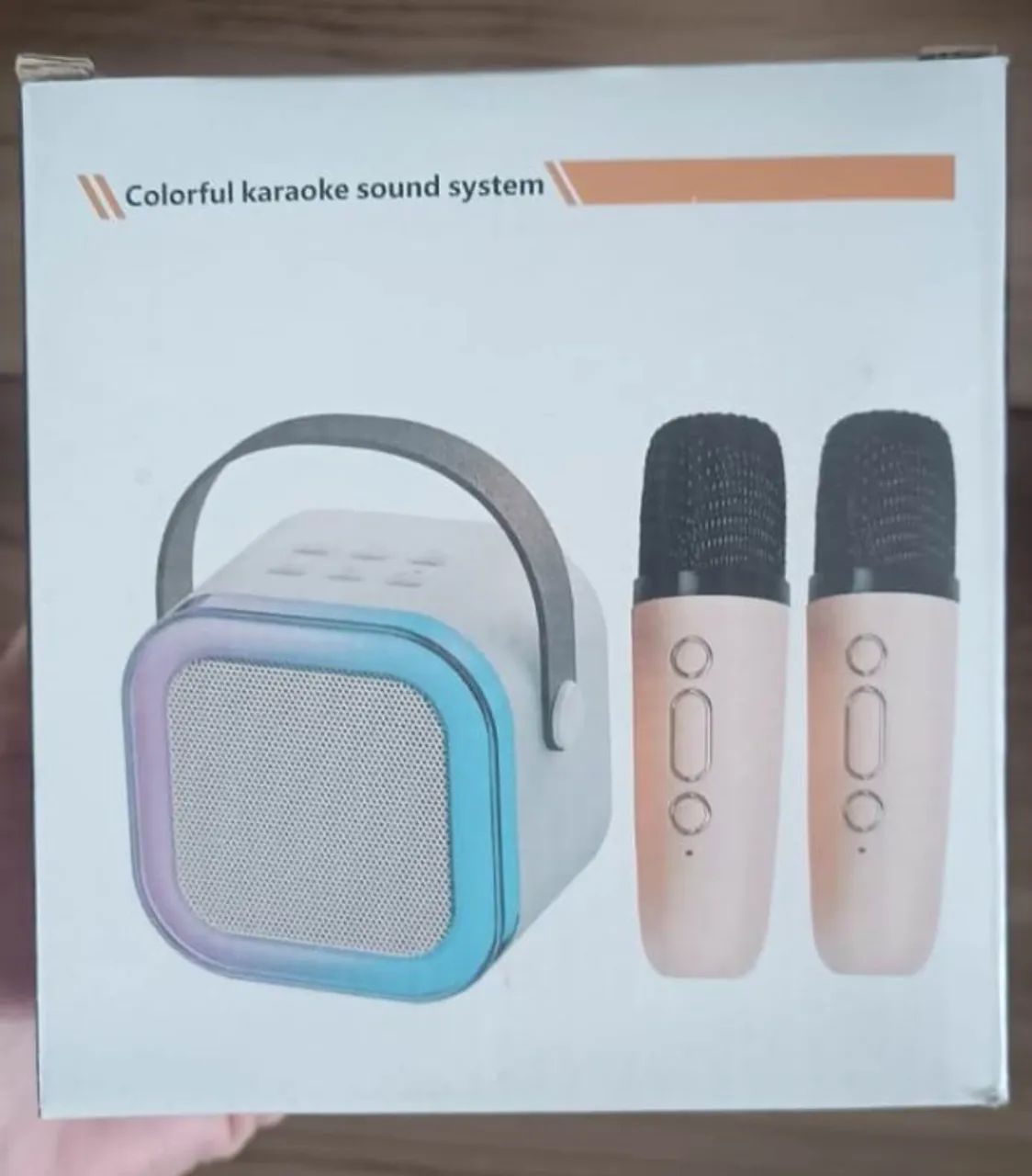 Caixinha De Som Karaokê Infantil Bluetooth Com 2 Microfones Sem Fio Led Portátil Cor Bege - Foto 5