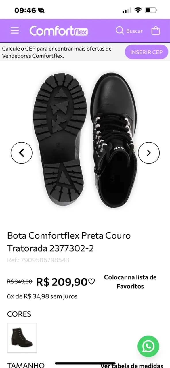 Bota Comfortflex Nova Preta Couro Tratorada 2377302-2