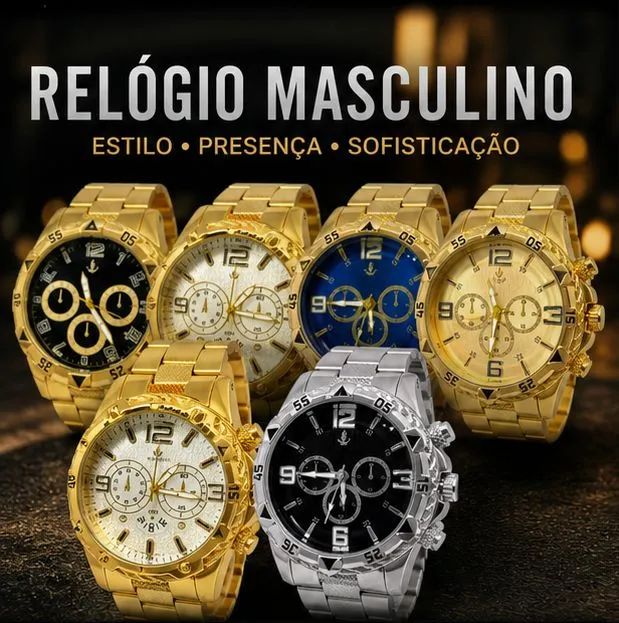 Relógio Masculino Dourado Cronógrafo Aço Inoxidável Novo - Foto 4