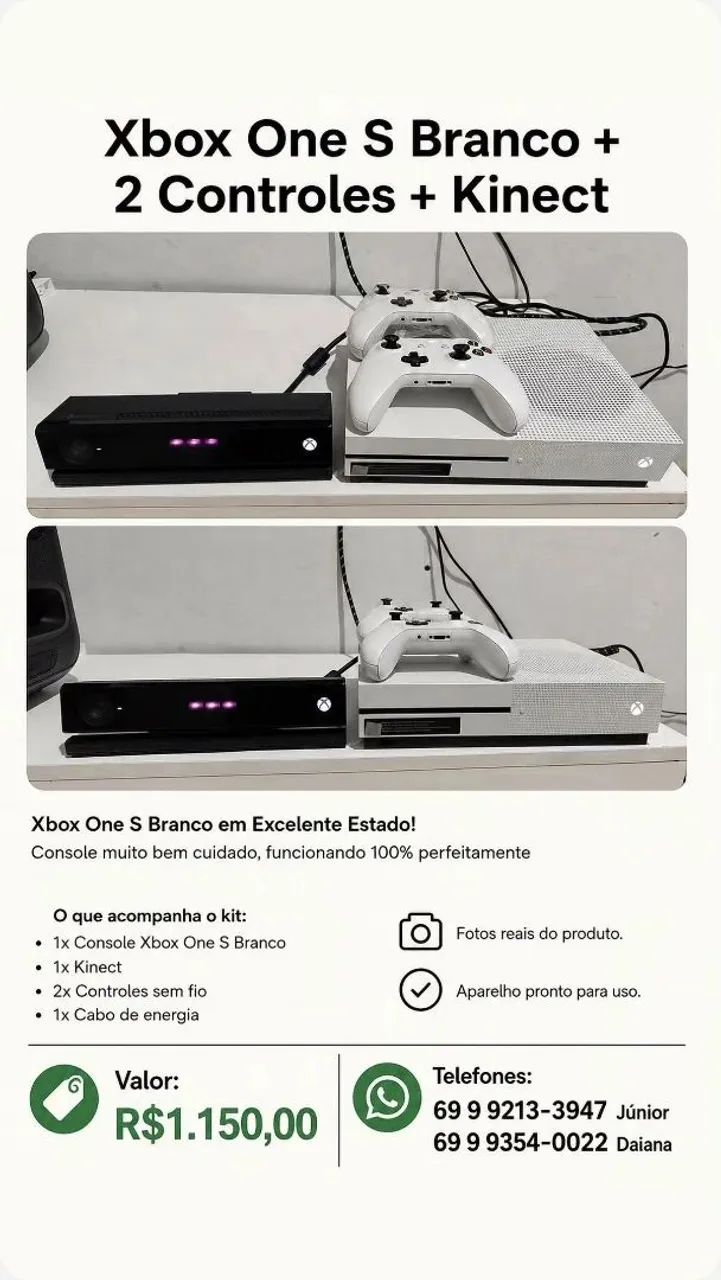 Xbox One S Branco + 2 Controles + Kinect 
