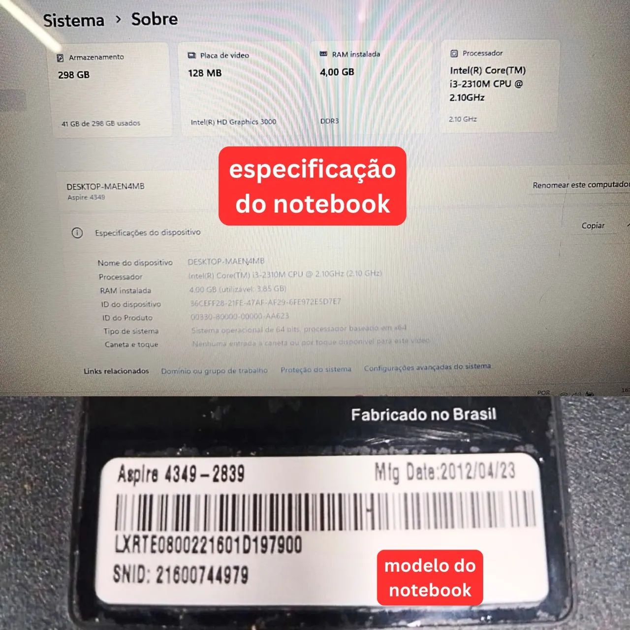 Notebook Acer Core i3 2a Geração 4GB 320GB Win11 Detalhes - Foto 4