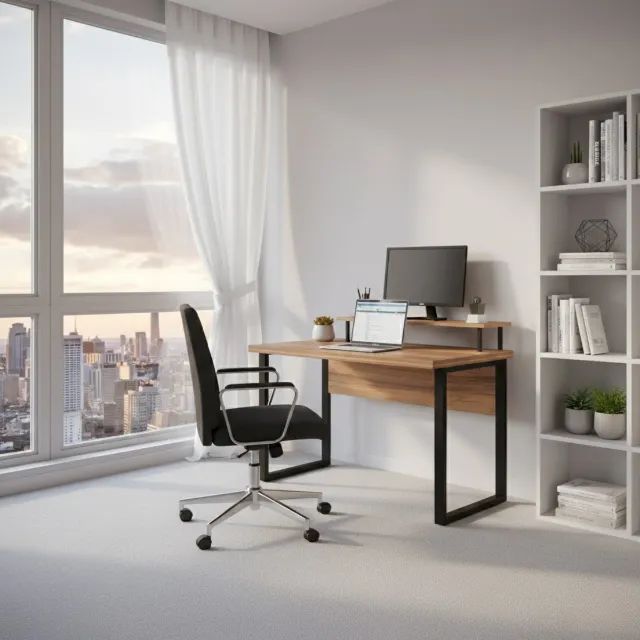 Mesa Escritório Pé Quadro 1,20x0,60m Sem Gavetas Nogal Sevilha/Preto Modelo 24469