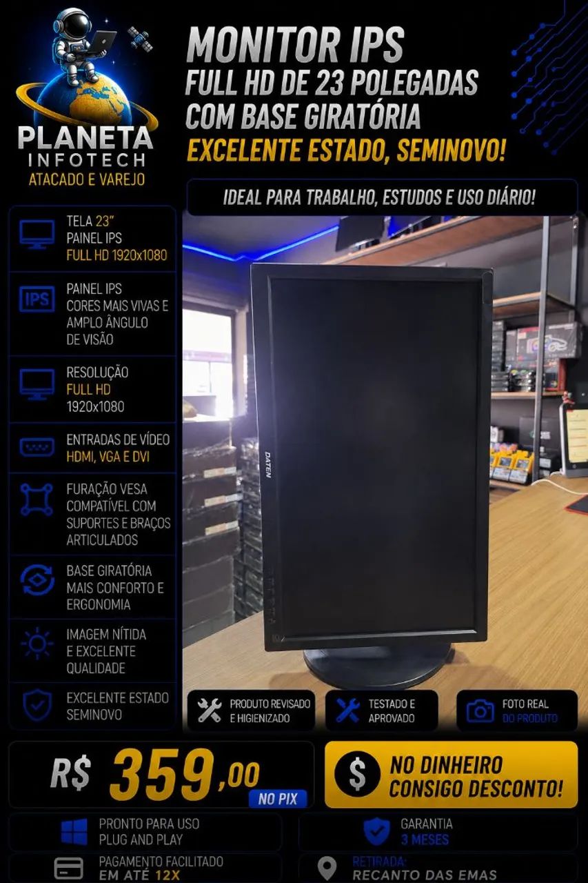 Monitor IPS 23 polegadas FULL HD com HDMI e base giratória " semi novo " ( com garantia )
