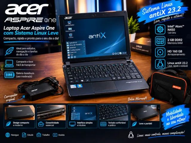 Laptop Acer Aspire One com Sistema Linux Leve