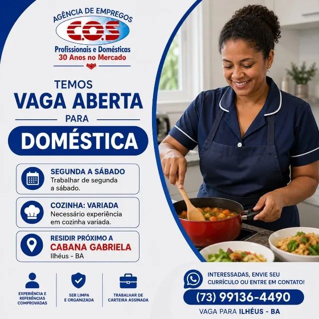 VAGA PARA EMPREGADA DOMÉSTICA ILHÉUS