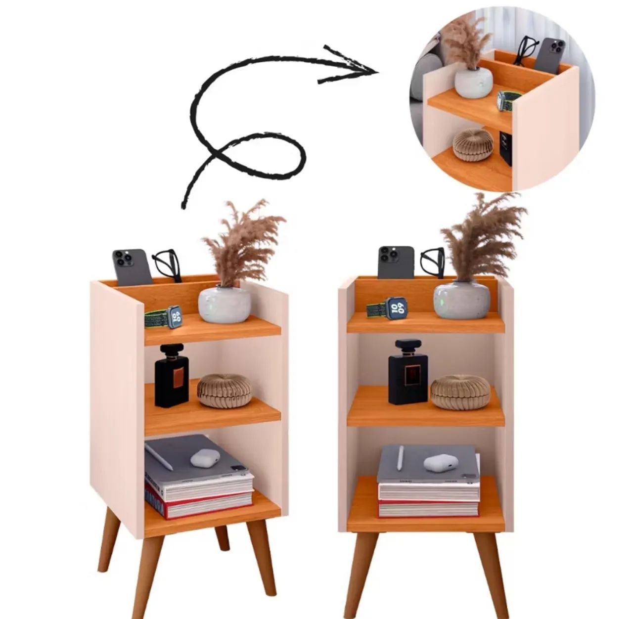 Kit com 2 Mesas de Cabeceira com porta celular - Compacta, Moderna e Funcional 