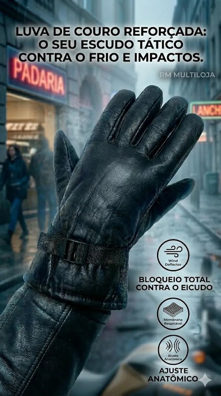 Luva Moto Couro Reforçada Com Fivela - Frio Extremo e Vento