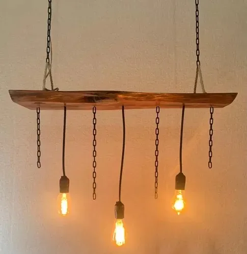 Lustre rústico em madeira com 3 lâmpadas