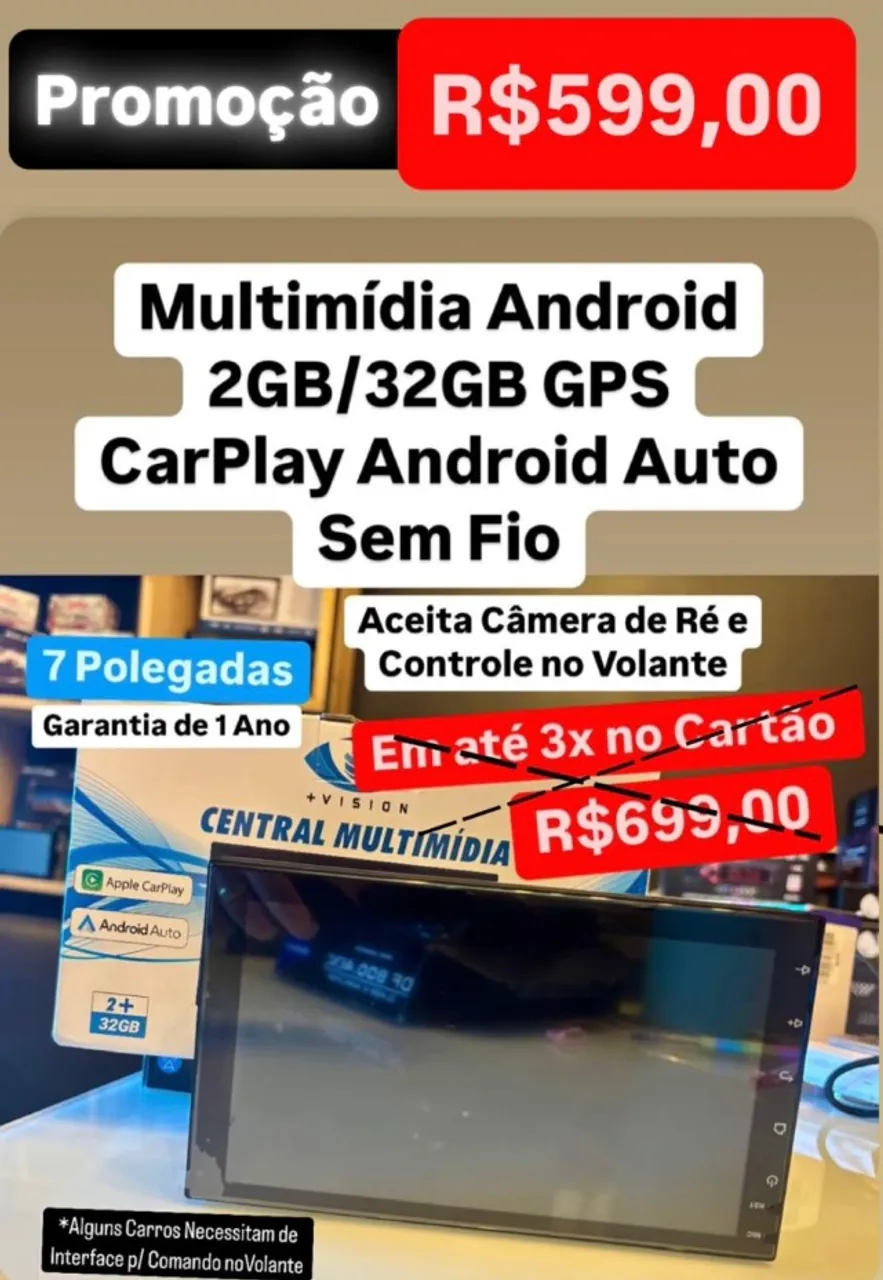 Multimidia Android 2Gb/32 Carplay Android Auto S/ Fio Gps Usb e Comando no Volante Carro