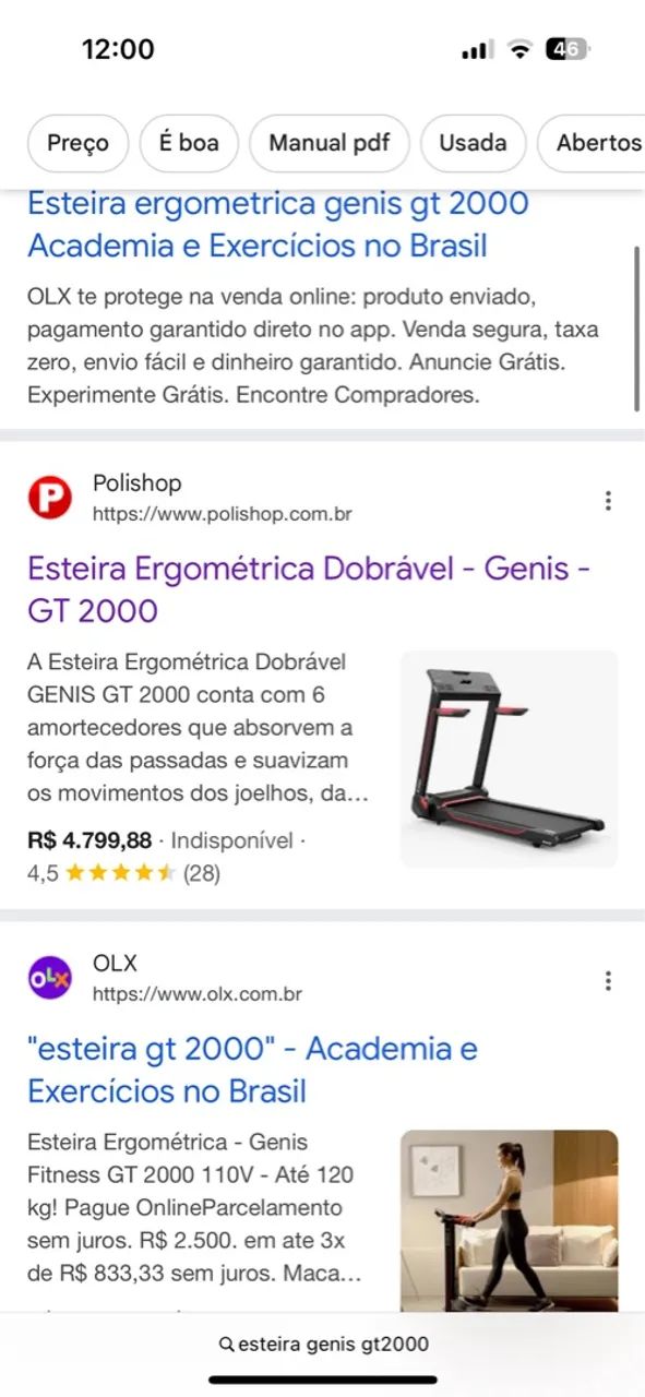 Esteira Ergométrica Dobrável Genis GT 2000 Polishop