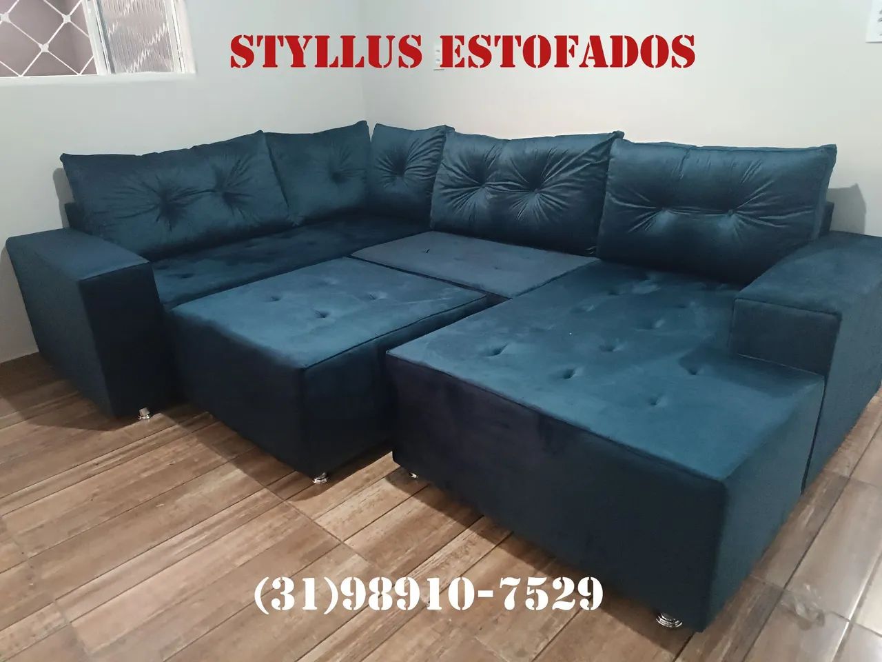 Sofá de Canto Suede Azul - Novo