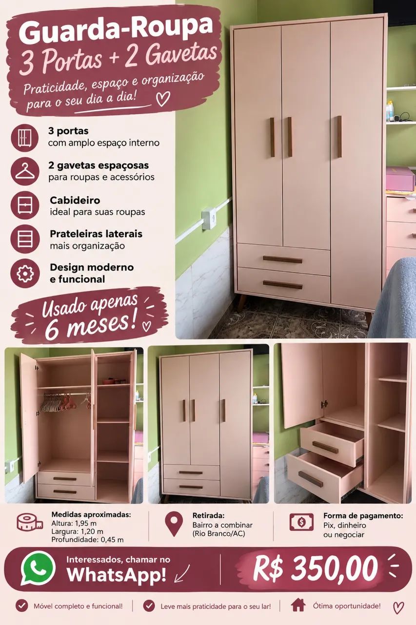 Guarda-Roupa 3 Portas + 2 Gavetas