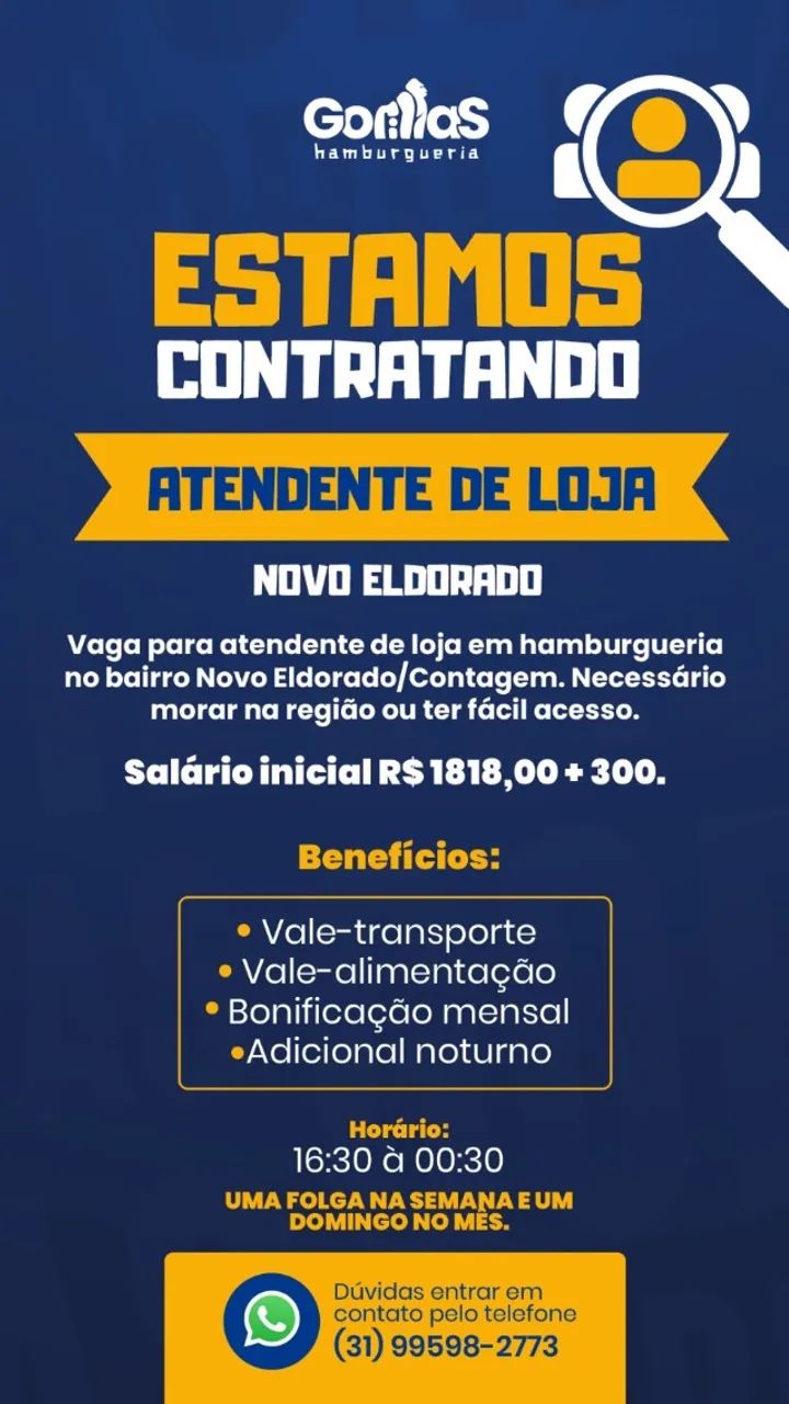 Vaga atendente de loja/garcon