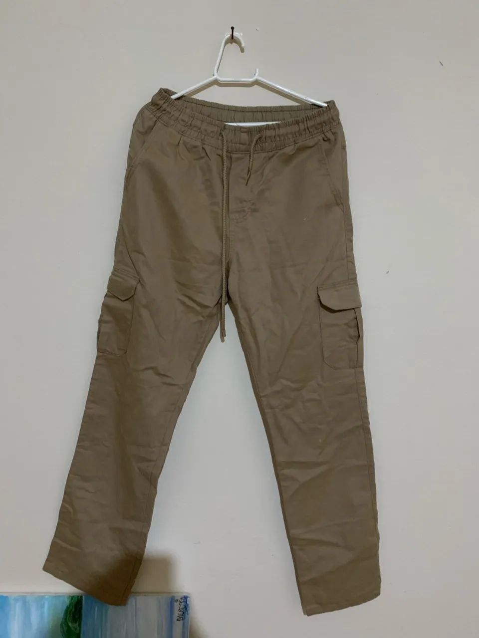 Calça Cargo Jogger Caqui Sarja com Elástico - Tam M