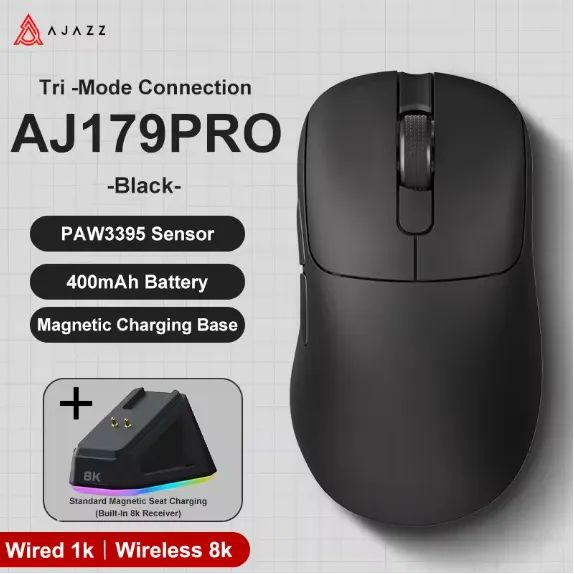 [NOVO] Mouse Sem Fio Ajazz AJ179 Pro 8K + Base de Carregamento, PAW3395, Tri-mode, Gamer