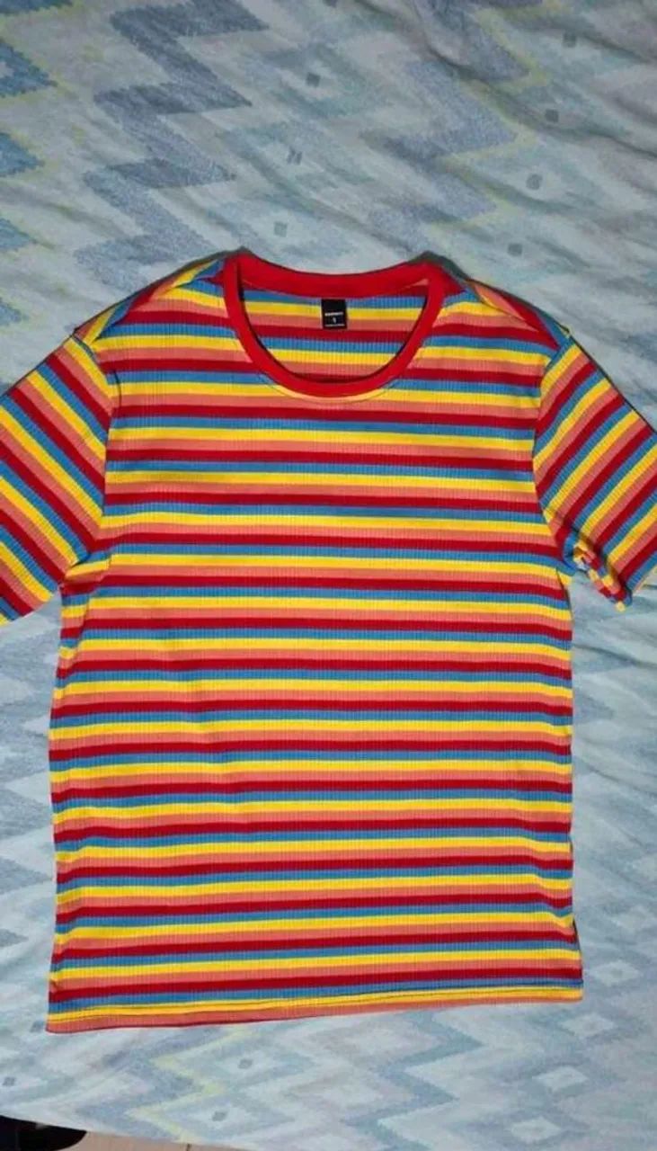 Camiseta de Malha Canelada Listrada Colorida