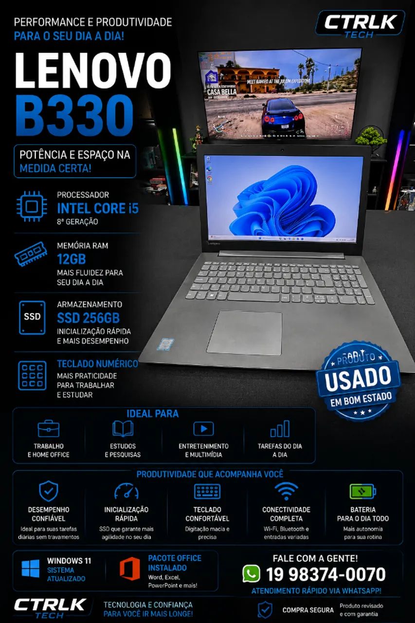 NOTEBOOK LENOVO B330 i5 8° Geração / 12GB RAM/ SSD 256GB/ Teclado Numérico