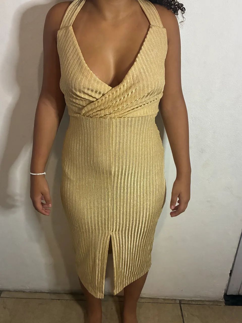 Vestido Botswana Midi transpassado Canelado dourado P - Foto 2