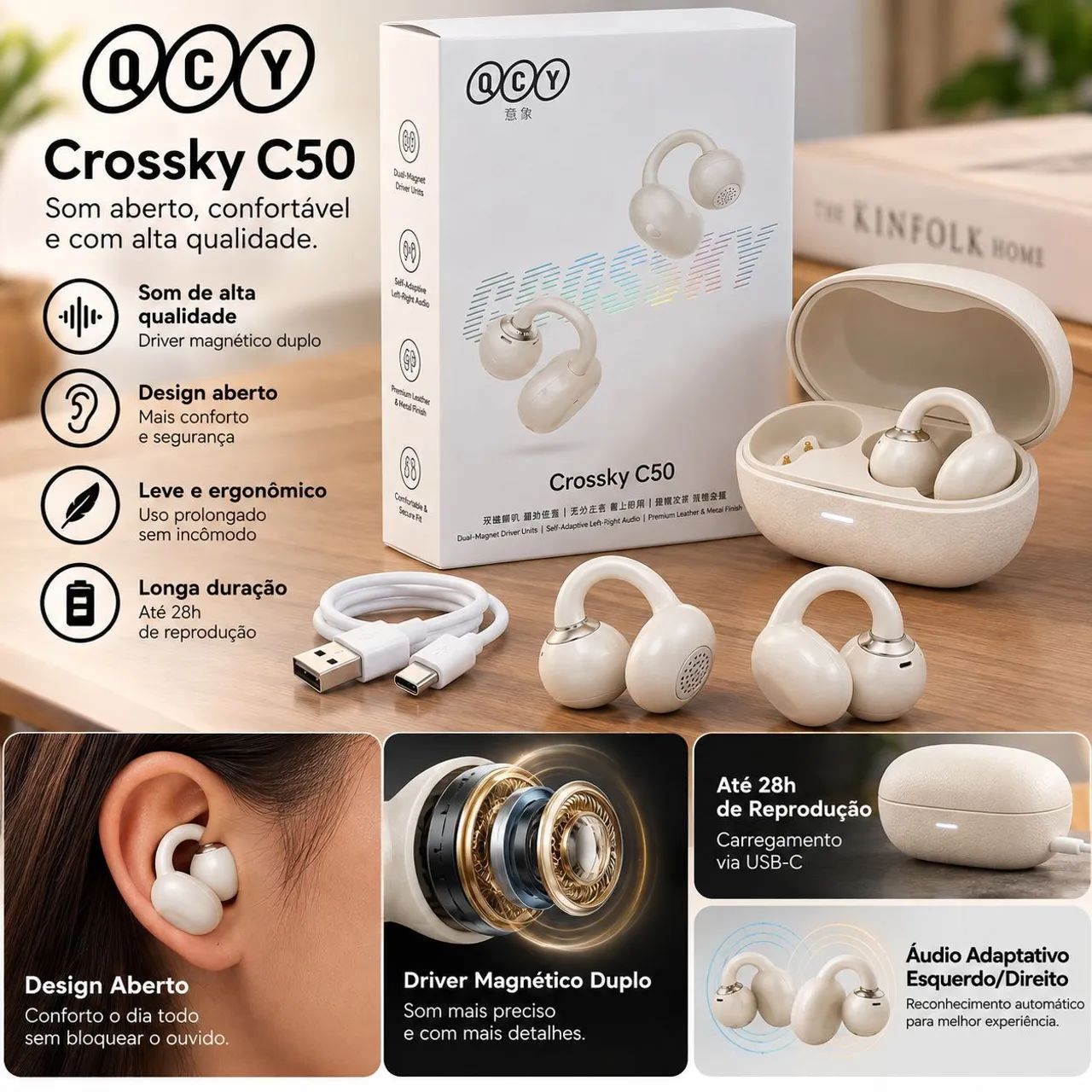 Fone Bluetooth QCY Crossky C50 Open Ear Sem Fio Branco - Foto 3