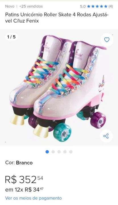 Patins Unicórnio Roller Skate 4 Rodas Tam.35 ao 38 Ajustável C/luz Fenix
